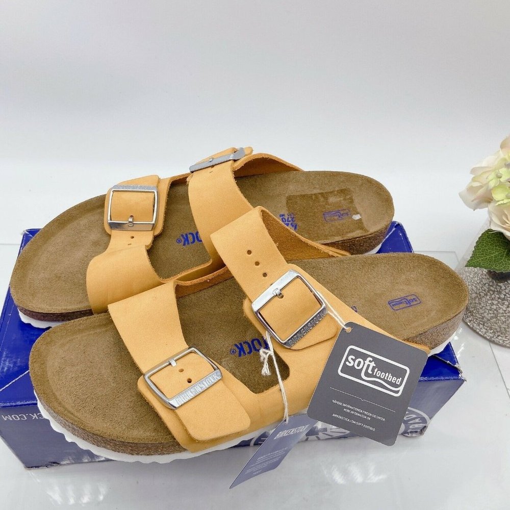 Worn -Birkenstock AZ Soft Footbed Apricot Leather 42 W 11-11.5/M US 9-9.5.